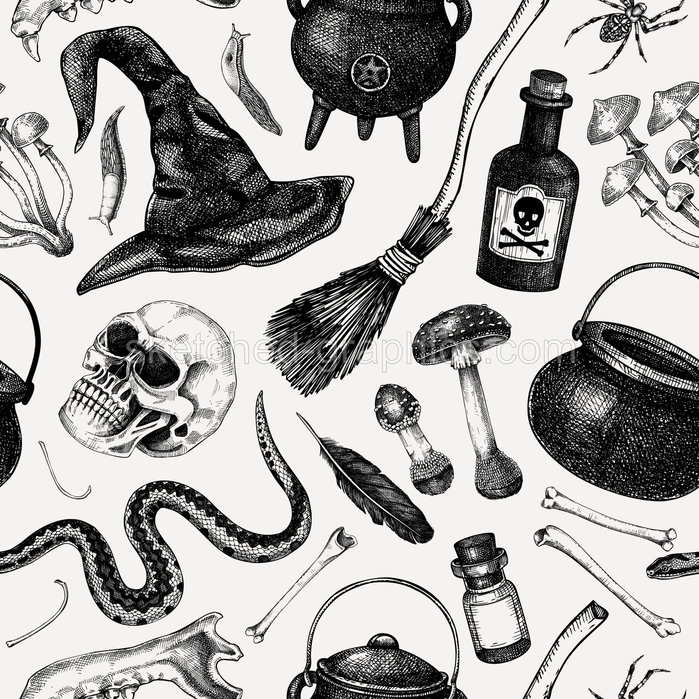 Halloween seamless pattern. Hand drawn vector illustration. Skulls, bones, pumpkin, poisonous mushrooms, snakes, raven sketches. Autumn holiday background. Vintage Halloween design elements Illustration